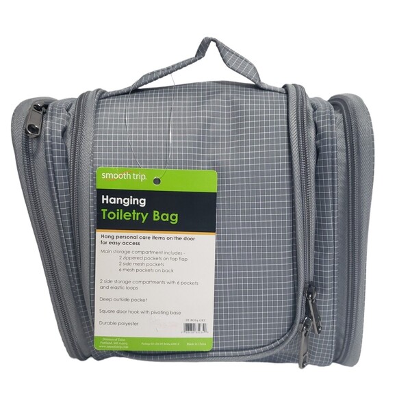 SmoothTrip Toiletry Cosmetic Bag Hanging Unisex Gray Checked Pockets Polyester - Picture 1 of 16